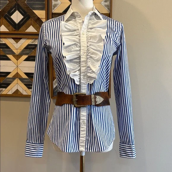 Ralph Lauren Vintage Blue and White Striped Button Up Ruffle Blouse size 4 - Picture 1 of 12